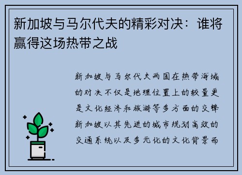 新加坡与马尔代夫的精彩对决：谁将赢得这场热带之战