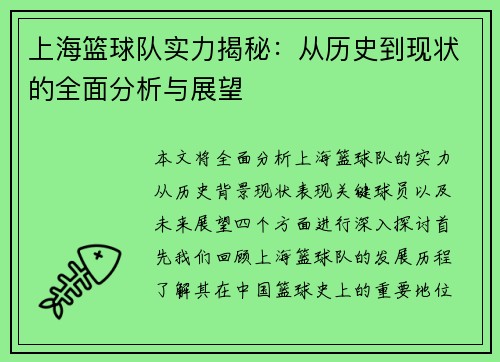 上海篮球队实力揭秘：从历史到现状的全面分析与展望